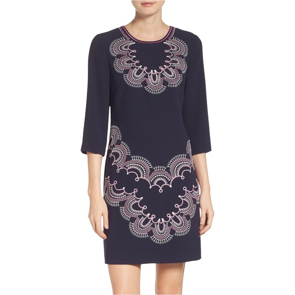 Eliza J Dresses & Skirts - Eliza J | Women’s Navy Pink White Embroidered Crepe‎ 3/4 Sleeve Dress Size 8 EUC